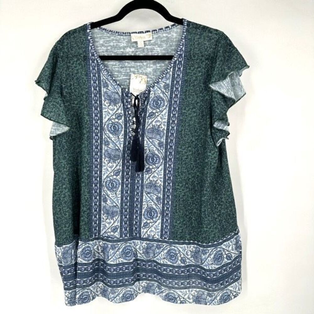 NWT Suzanne Betro Weekend Women's Floral Tassel Tie Blouse Blue Green Size‎ XS